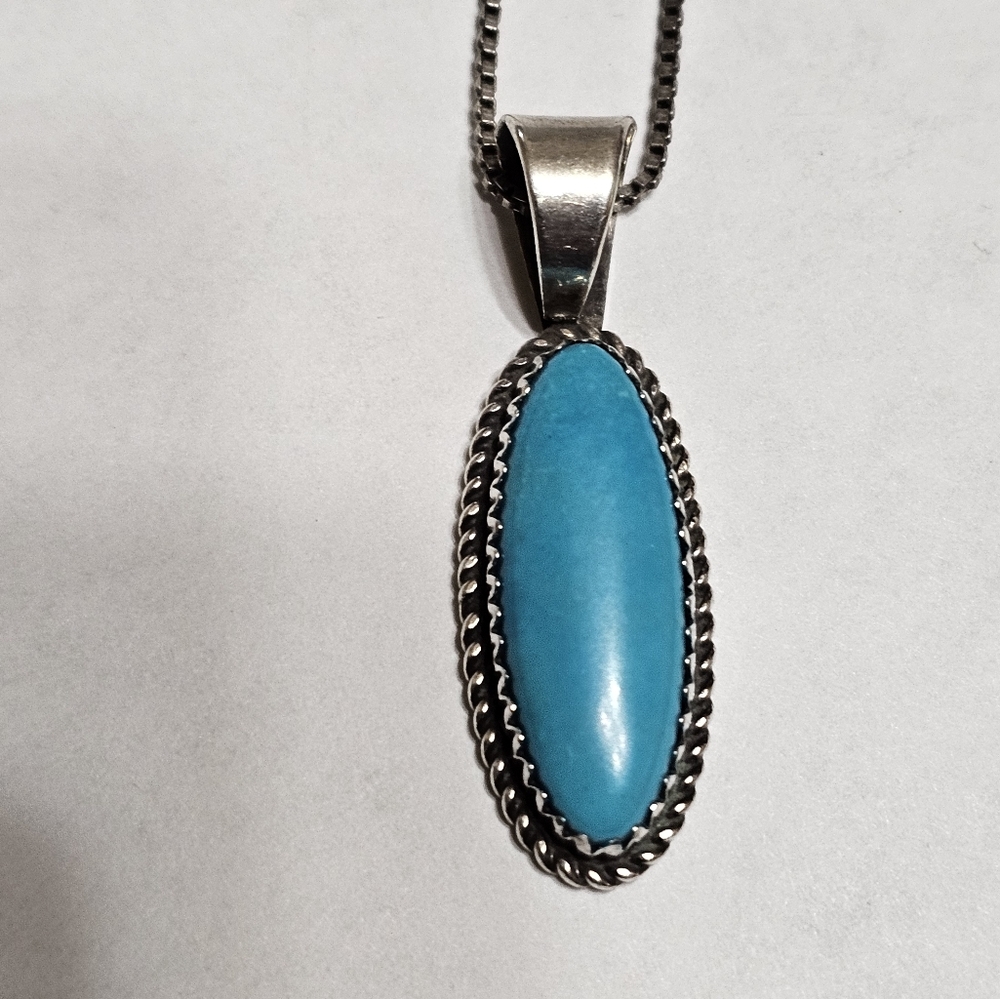 Silversmith Alvin Joe Sleeping Beauty Turquoise Pendant with Necklace 925